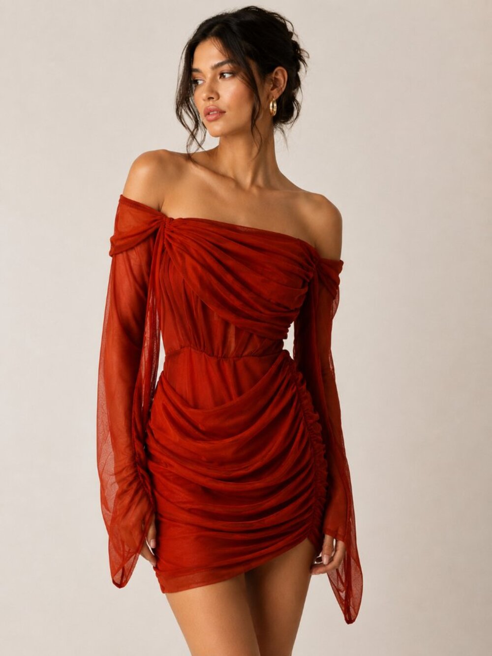 Mistress Rocks Rust Red Ruched Off Shoulder Mini Dress Size Small 0746